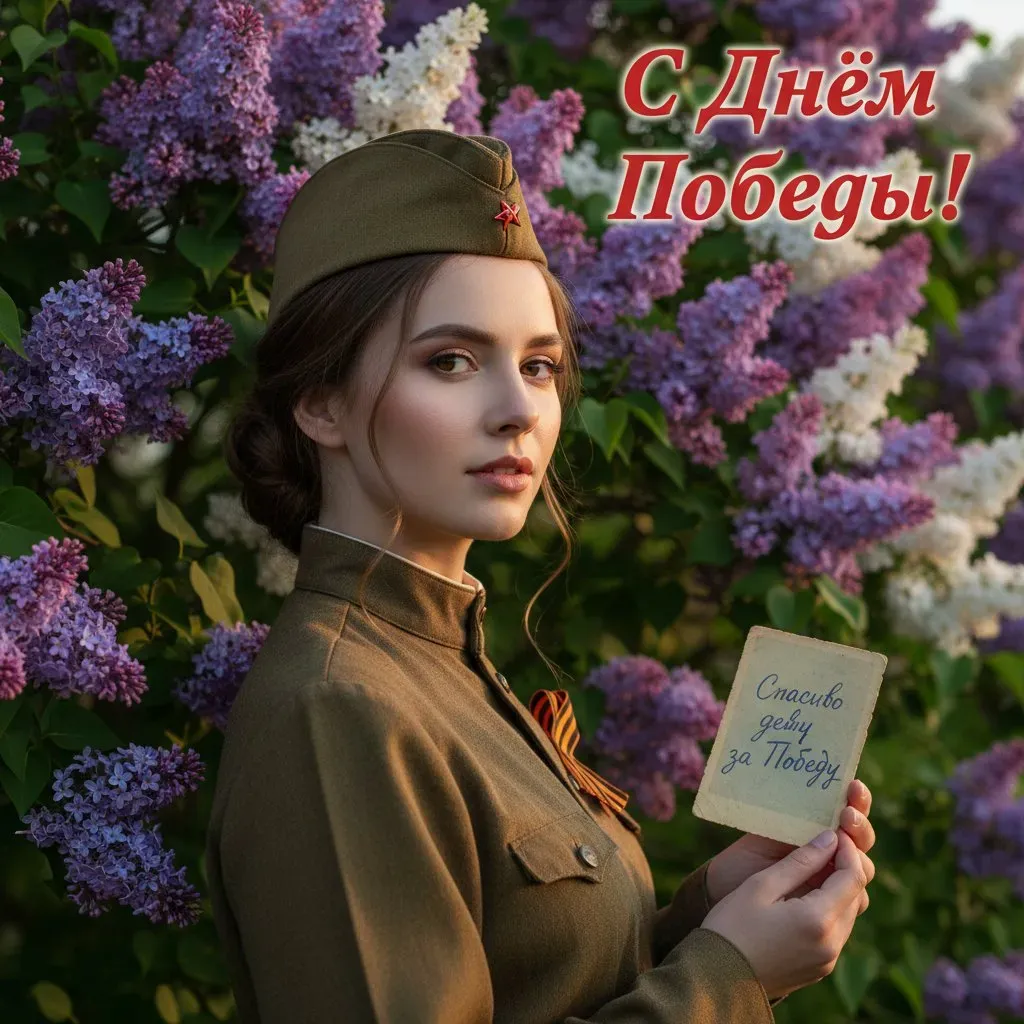 Фото с вашим лицом 9 мая девушка в военной форме с сиренью и фотографией